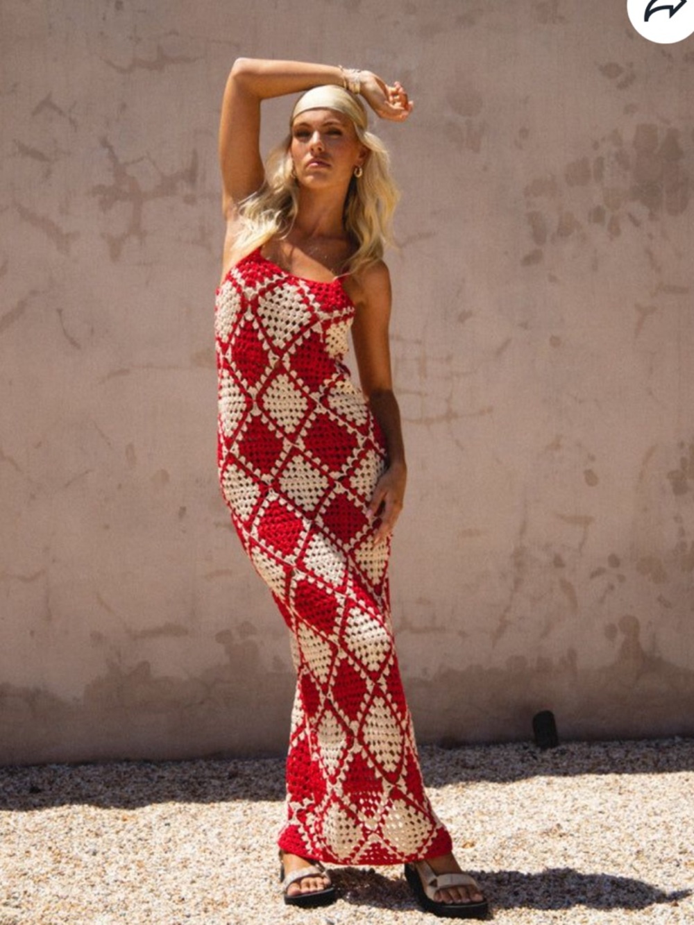 VRG GRL Verge Girl Joni Crochet Boho Maxi Dress Red Cream Granny Square - Small - Picture 1 of 13